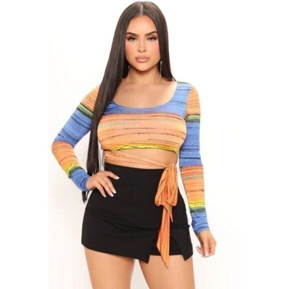 Sweet Sunsets Waist Tie Top Orange/Blue Size Large RefFNB3
